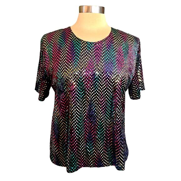 Kathie Lee VTG Black Multicolor Sequined Top LARGE Disco Rave Party Going Out - Picture 1 of 7